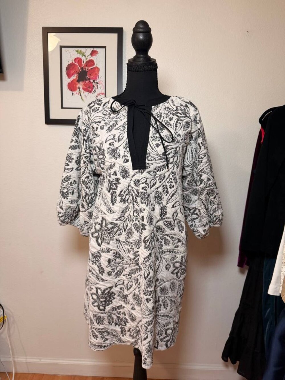 Zara Black White Floral Print Jacquard Dress Boho Peasant Balloon Sleeve Tie Nec